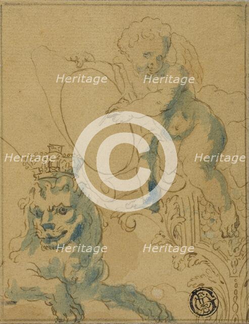 Section of Ceiling Decoration with Cupid with Scroll and Lion with Crown, n.d. Creator: Unknown.