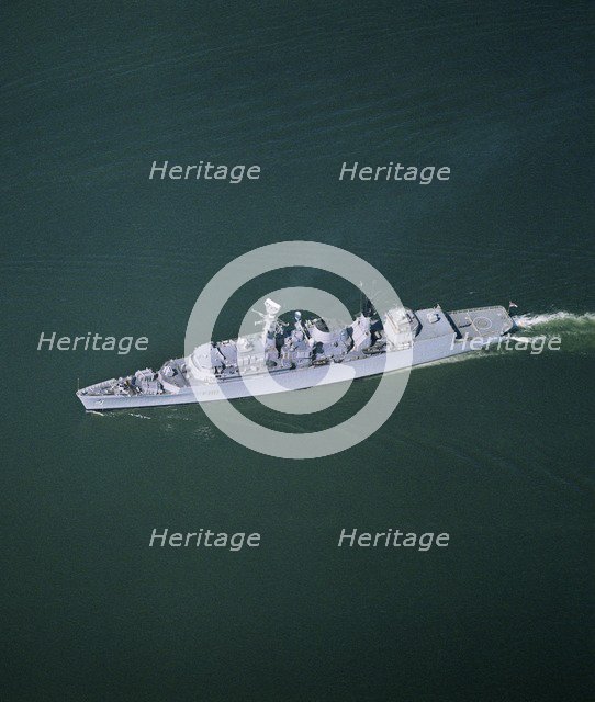 Royal Navy Type 22 frigate HMS 'Broadsword' off Plymouth, Devon, 1990. Artist: Aerofilms.