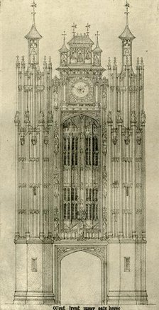 Architectural drawing: west front inner gate house, 1833-1834, (1906). Creator: AWN Pugin.
