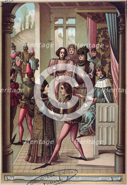 Philip VI, king of France, arrests the representative of Edward III of England (1328), Miniature …