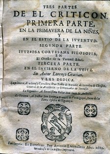 Cover of the first part of 'El Criticón' (The Fault Finder) by Baltasar Gracian, printed edition …