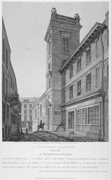 Church of St George Botolph Lane, at the south-east corner of George Lane, City of London, 1814. Artist: Joseph Skelton