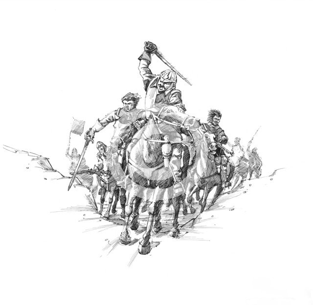 Scottish cavalry, Battle of Newburn Ford, 1640. Artist: Peter Dunn.