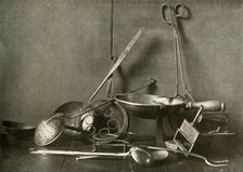 'Sadiron; tongs; skimmer, fork; trivets and copper chopping-dish', c18th century, (1937). Creator: Unknown.
