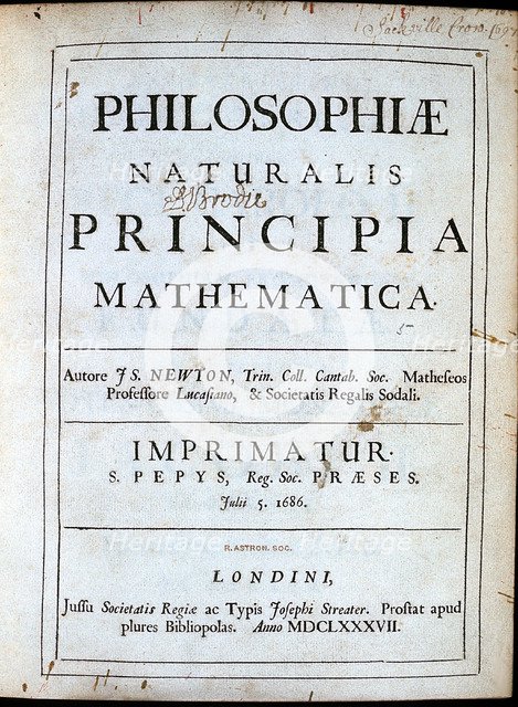Title page of Newton's Philosophiae Naturalis Principia Mathematica, 1687. Artist: Unknown