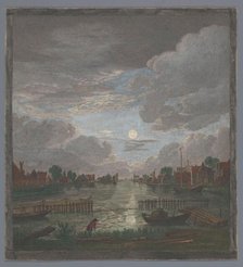 View of a canal in the vicinity of the city of Haarlem in Moonlight, 1753-1797. Creators: Pierre François Basan   , Pierre Fouquet, Thomas Major.