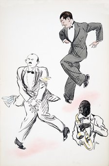 Two gentleman in black tie dancing to jazz, played by a musician on the saxophone, from 'White Botto