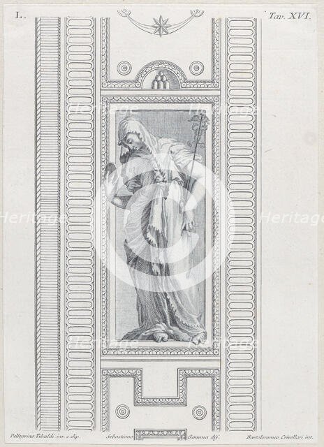 Plate 16: mythological figure holding a mirror, 1756. Creators: Bartolomeo Crivellari, Sebastiano Gamma.