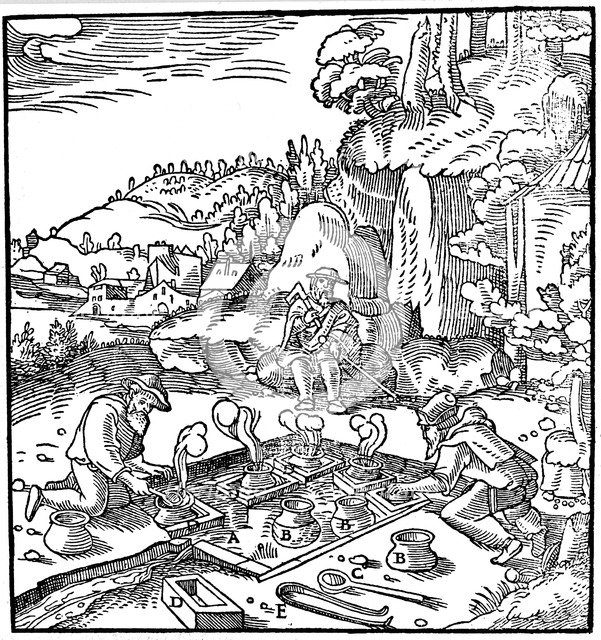 Evaporating pots of brine in a natural hot spring to obtain salt, 1556. Artist: Unknown