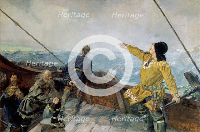 Leiv Eiriksson discovers America. Artist: Krohg, Christian (1852-1925)