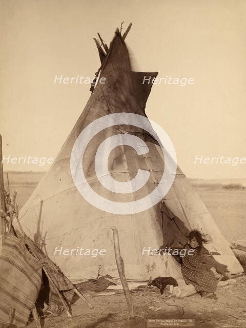 A young Oglala girl sitting in front of a tipi, with a puppy.... Pine Ridge Reservation, 1891. Creator: John C. H. Grabill.