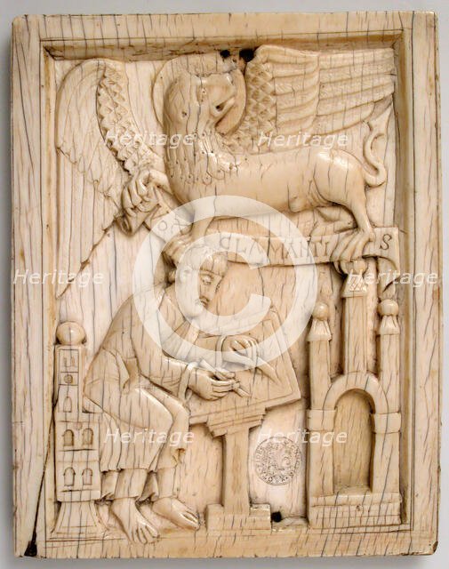 Evangelist Saint Mark writing the Gospel with his symbol, the Lion, holding a scroll, German, 11th c Creator: Unknown.