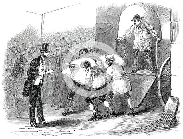 The Annual Exhibition of the Smithfield Club - Bringing in Fat Pig, 1850. Creator: Unknown.