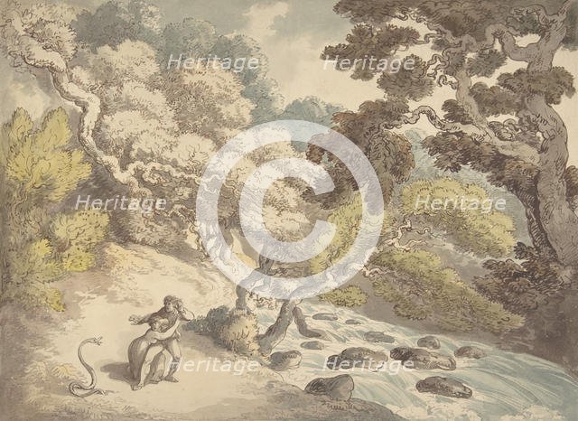 Landscape with rushing stream and a couple on the bank, frightened by a snake, 1775-1827. Creator: Thomas Rowlandson.