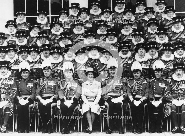 Queen Elizabeth II and her bodyguards, the Yeomen, 1974. Artist: Unknown