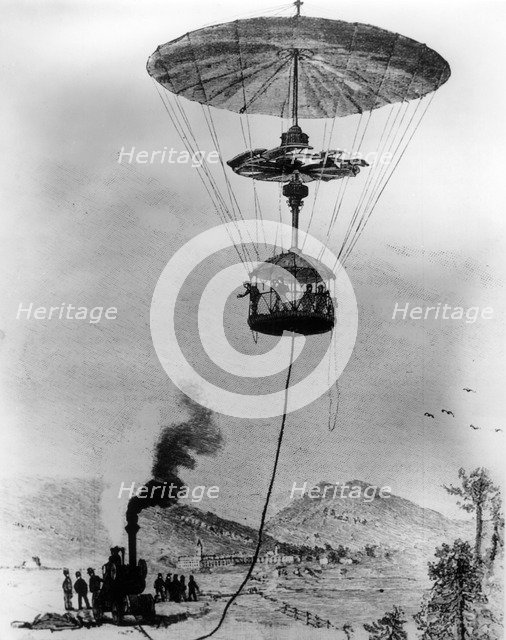 The Elevated Gazebo, J Henry Smith's helicopter, parachute and observation apparatus, 1892. Artist: Unknown