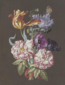 Arrangement of roses (Rosa), tulips (Tulipa), poppies (Papaver), and other flowers..., c1770. Creator: Unknown.