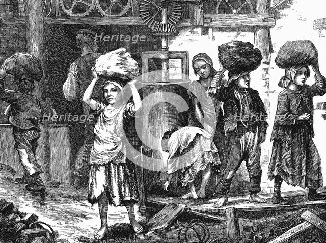 Children carrying loads of clay in the brickyards of the English Midlands, 1871. Artist: Unknown