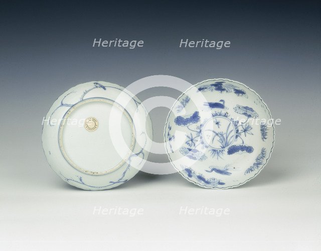 Pair of Kraak blue and white dishes with bird decoration, China, 1575-1600. Artist: Unknown
