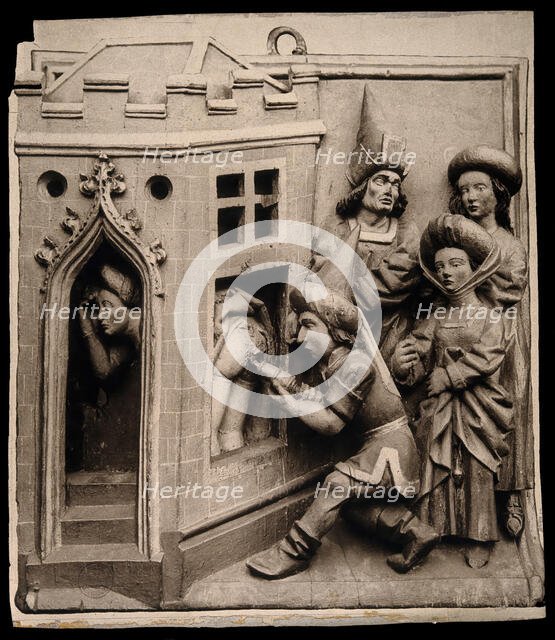 A physician administering a clyster to an embarrassed woman who hides her self and presents her... Creator: Unknown.