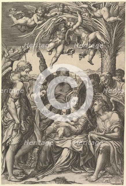 Rest on the Flight into Egypt; the Holy Family under a palm tree surrounded by angels, put..., 1578. Creator: Giorgio Ghisi.
