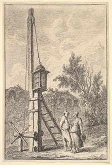 Plate 9: The Pulley: a man and a woman conversing to right, a lantern hung on a pos..., ca. 1763-64. Creator: Hubert Robert.