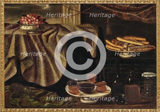 Cherries in a porcelain bowl on a draped table, a plate of cookies, jars of honey..., Early 18th cen Creator: Anonymous.