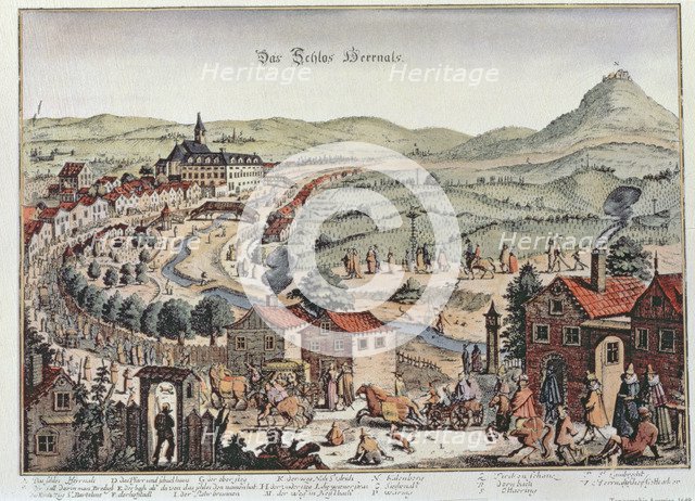 View of the north of Vienna with Schloss Hernals and Kahlenberg hills, colored engraving.