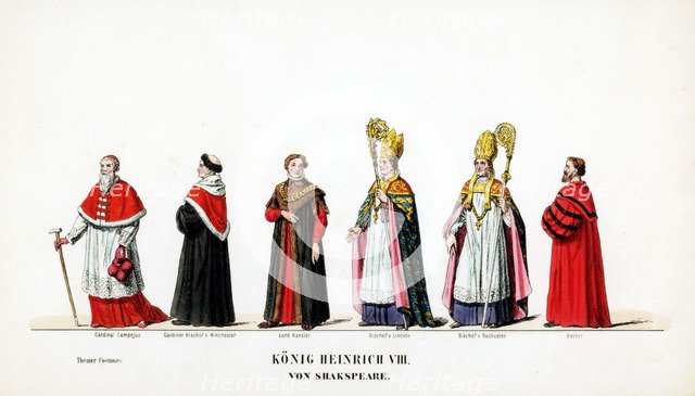 Theatre costume designs for Shakespeare's play, Henry VIII, 19th century. Artist: Unknown