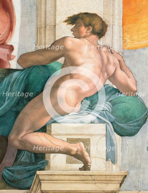 Ignudo (Sistine Chapel ceiling in the Vatican), 1508-1512. Creator: Buonarroti, Michelangelo (1475-1564).