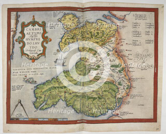 Coloured printed map of Wales and Anglesey, 1579. Creator: Christopher Saxton.
