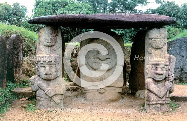Archaeological park of San Agustín in Huila, Colombia. Table A, set of 3 figures, in the middle t…