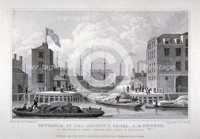 Entrance to Regent's Canal Dock, Limehouse, London, 1828. Artist: Frederick James Havell
