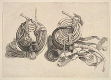 Five hunting horns, 1625-77. Creator: Wenceslaus Hollar.