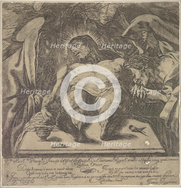 Lamentation over the body of Christ by the three Marys, a jar of ointment on the table to ..., 1615. Creator: Orazio Borgianni.