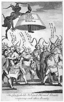 'The City cuckolds & Court horned beasts comparing each other's beauty', 1770. Artist: Anon