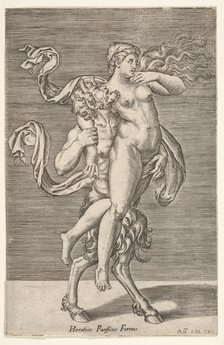 Satyr carrying a nymph, whose right arm is wrapped around the satyr's neck, with a ..., ca. 1505-62. Creator: Antonio Salamanca.