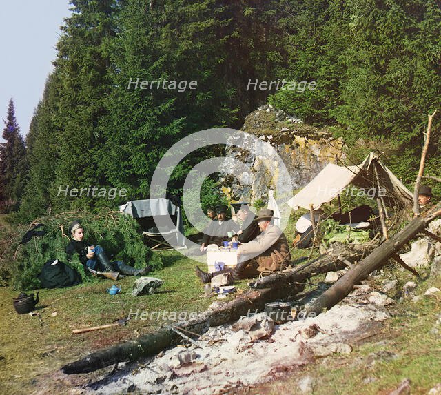 Night camp by a rock on the bank of the Chusovaya, 1912. Creator: Sergey Mikhaylovich Prokudin-Gorsky.