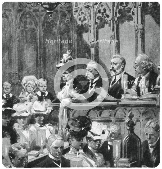 Prince Albert at the abbey thanksgiving service for his parents' safe return from India, 1906 (1937 Artist: Unknown