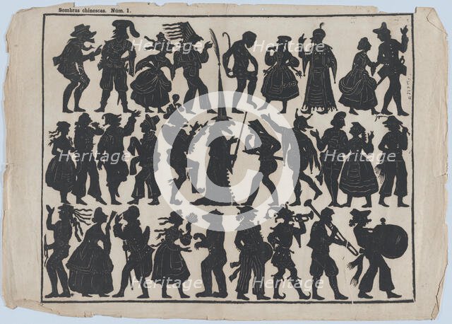 Sheet 1 of figures for Chinese shadow puppets, ca. 1850-70. Creator: Juan Llorens.