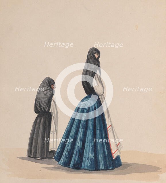 Two woman wearing the saya viewed in profile, from a group of drawings depicting..., ca. 1848. Creator: Attributed to Francisco (Pancho) Fierro.