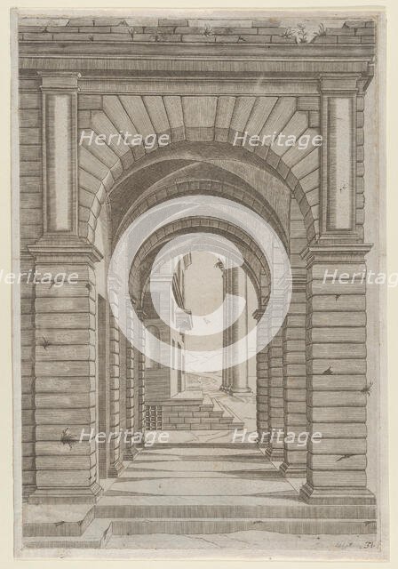 Speculum Romanae Magnificentiae: Front of a Building seen sideways through an arca..., 16th century. Creator: Anon.