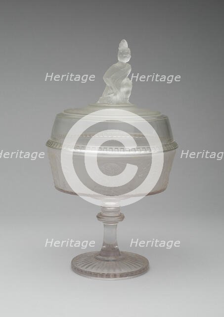 Westward Ho!/Pioneer pattern covered compote on pedestal, c. 1876. Creator: Gillinder & Sons.