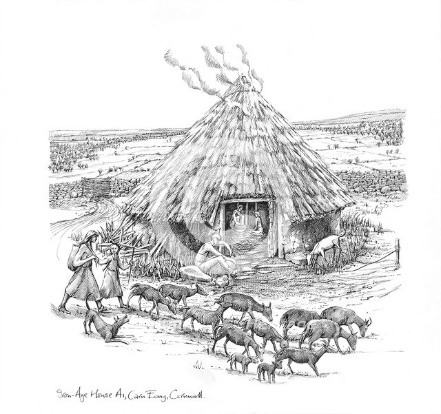Farmers and a herd of goats outside Iron Age Roundhouse, (c1990-2010) Artist: Judith Dobie.