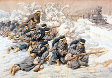 Japanese firing on Russian Red Cross train, Russo-Japanese War, 1904. Artist: Unknown