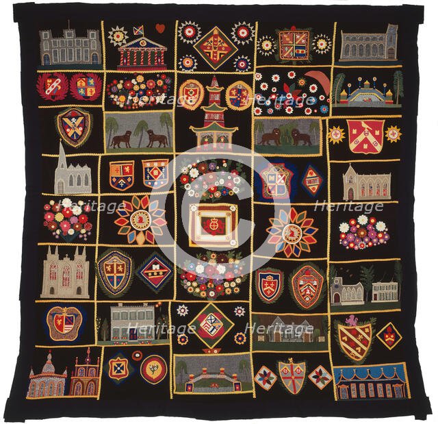 Quilt with Buildings, Animals, and Coats of Arms, New York, c.  1890. Creator: Unknown.