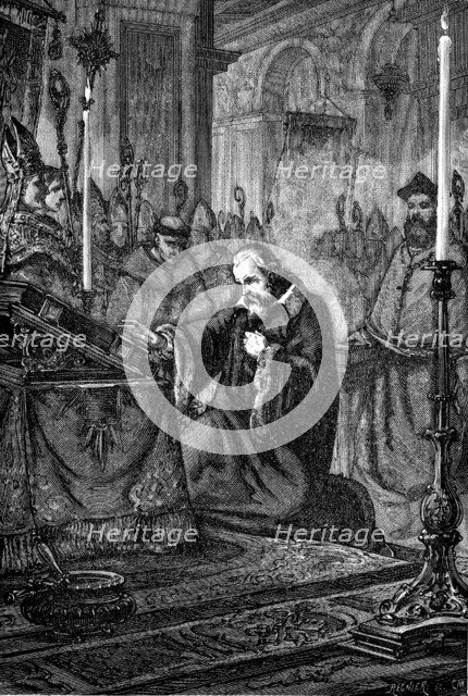 Galileo Galilei, Italian astronomer and mathematician recanting, 1633 (1880). Artist: Unknown