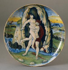 Shallow bowl with Hercules overcoming Antaeus, 1520. Creator: Giorgio Andreoli workshop.