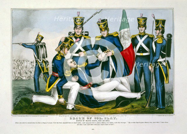 Death of Col. Clay, Battle of Buena Vista, Feby. 23d, 1847, pub. 1847 (hand coloured engraving)