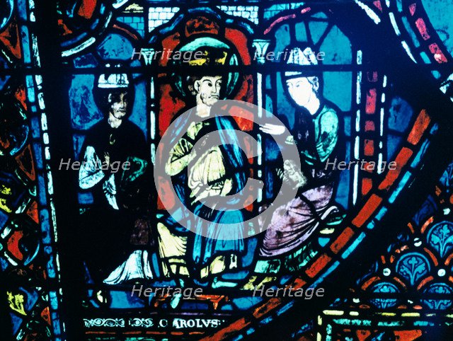 Constantine's letter presented to Charlemagne, stained glass, Chartres Cathedral, France, c1225. Artist: Unknown
